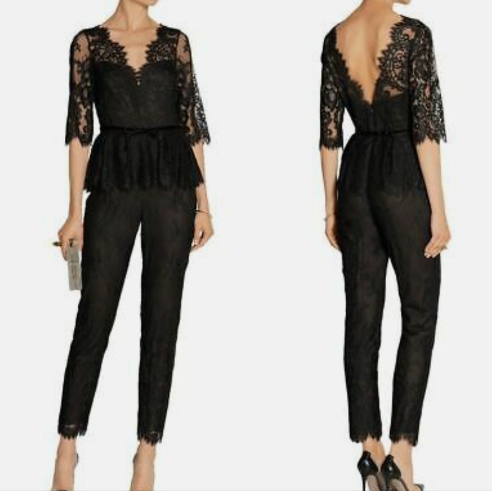 Marchesa Black Lace Jumpsuit with Sheer Peplum